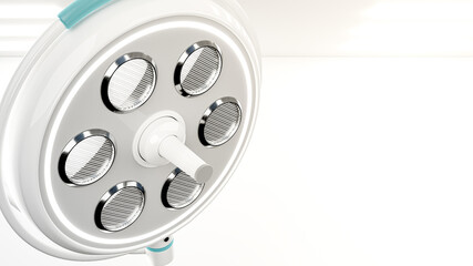 Surgical lamp in White room and copy space for your text. 3D Render.