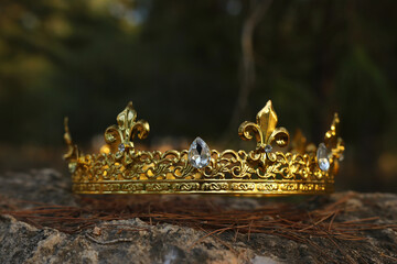 mysterious and magical photo of gold king crown in the England woods over stone. Medieval period...