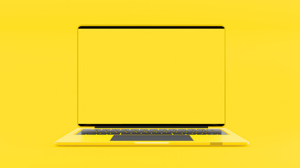 Laptop yellow color blank screen on work dask table.  Mock-Up for your text. Yellow minimal and Computer background idea concept. 3D Render.