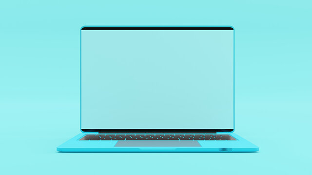 Laptop blue color blank screen on work dask table.  Mock-Up for your text. Blue minimal and Computer background idea concept. 3D Render.