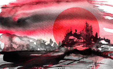 Watercolor Countryside landscape. Illustration of watercolors and black mascara. Abstract black splash of paint. Silhouettes the village on the mountain. Watercolor logo, postcard. sunset. Graphic