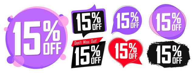 Set Sale 15% off banners, discount tags design template, promo app icons, vector illustration
