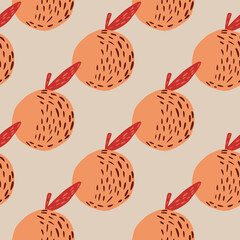 Orange apples seamless garden fruits pattern. Doodle simple shapes on grey background.