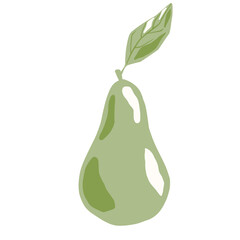 Green pear with twig and leaf isolated on white background. Whole pear hand drawn in doodle style.