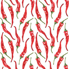 Seamless pattern with red pepper, chili pepper. Watercolor illustration. The print is used for Wallpaper design, fabric, textile, packaging.