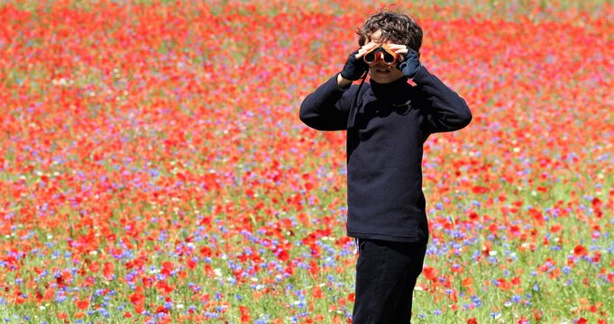 Plano americano de un ni&ntilde;o con prism&aacute;ticos delante de un campo de amapolas.