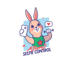 The Easter rabbit is taking a selfie and shaking a dumbbell. Cartoonish bunny in the shirt with a phrase - Strong selfie control. Good for cloth designs, stickers, ads, etc. Vector illustration