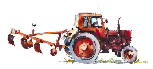 Red tractor. Agricultural machines. Watercolor hand drawn illustration