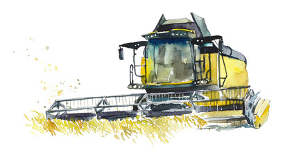 Agricultural machines. Combain. Watercolor hand drawn illustration - 390036917