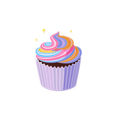 Cupcake with swirled cream. Tasty birthday dessert with pink, yellow and blue rainbow frosting. Vector illustration in cute cartoon style