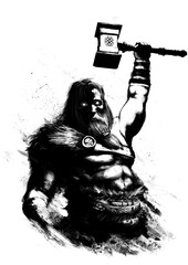 God Thor raises his hand, he holds a hammer and throws lightning. He has a naked torso. His eyes are sparkling, his face is stern. Fur on the shoulder. stylized ink drawing. 2d illustration