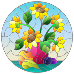 Illustration in stained glass style with still life, a bouquet of sunflowers and fruit on a blue background, round image