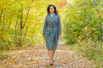 A young brunette girl in a stylish coat walks along an alley strewn with fallen leaves against a background of autumn yellow foliage