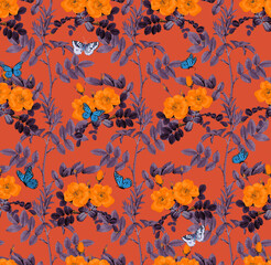 Obraz premium Botanical Leaves Flowers and Butterflies Seamless Pattern Floral Garden Concept Trendy Fashion Colors Elegant Design