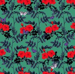 Botanical Leaves Flowers and Butterflies Seamless Pattern Floral Garden Concept Trendy Fashion Colors Elegant Design