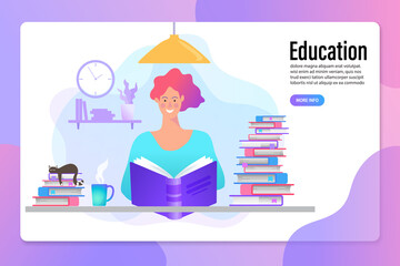 A boy reading a book next to a pile of books. E-learning, online education or home schooling. Flat Vector illustration.