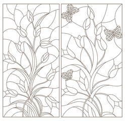 Set of contour illustrations in stained glass style with flower arrangements of tulips, dark contours on a white background