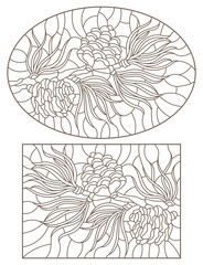 Set of contour stained glass illustrations with cedar cone on a branch , dark outlines on white background