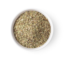 dry thyme leaves in white bowl  isolated on white background