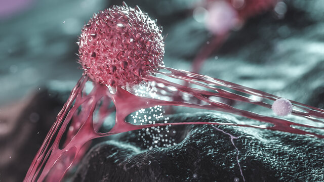 Cancer Cell infecting healthy tissue, cancer cell and T-cell attack oncology concept cancer tumor spread 3d rendering