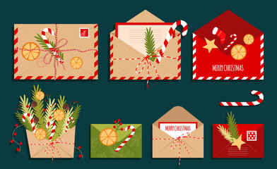 Christmas Envelopes. New Year Letters. A set of Gift Cards, postal envelopes, open and closed with sweets, Christmas tree branches and toys.
