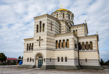 View of St. Vladimir Cathedral in Chersonesos on the Crimean Peninsula, built in 1861 and dedicated to the place where Prince Vladimir was baptized and where the baptism of Russia began