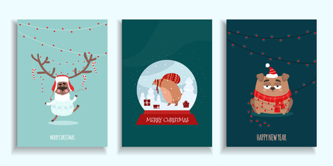 Set of Christmas Card. New Year Postcard. Cute Deer, Bear In A Glass Ball, Dog In A Scarf. Cartoon illustration in hand-drawn. Winter Background.