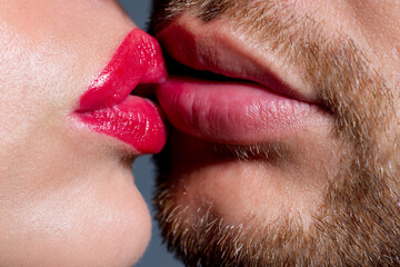 Sexy couple kiss lips. Satisfied and enjoying romantic moment. Passionate horny lovers kissing and feeling pleasure.