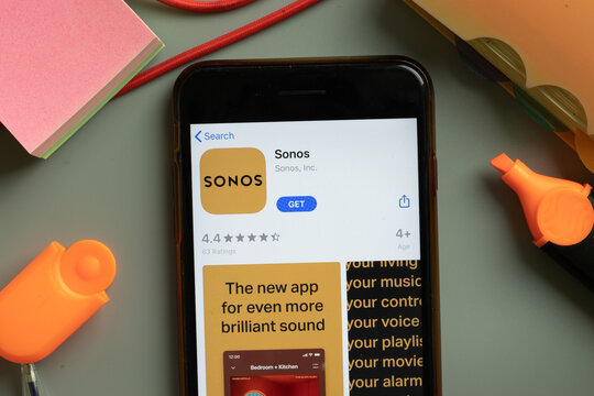 New York, USA - 29 September 2020: Sonos mobile app logo on phone screen close up, Illustrative Editorial