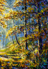 Vertikales Ölgemälde große Bäume im synny nebligen Wald © weris7554