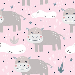 Cute little hippo cartoon style. Seamless pattern. Printable templates