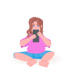 little child baby girl using smartphone female cartoon character sitting pose full length isolated vector illustration