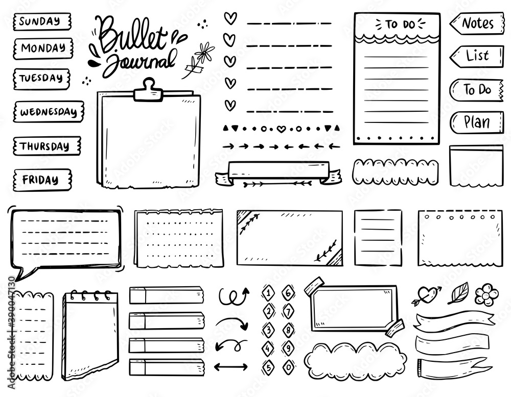 Poster big set bullet journal notes drawing doodle vector collection