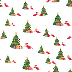 Winter background with baby santa claus, christmas tree, fireworks and gifts on a white background.