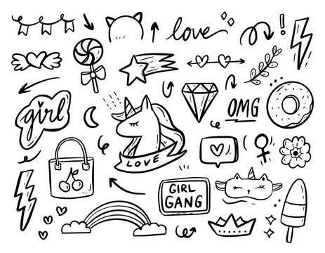 Girl power fashion doodle drawing collection vector