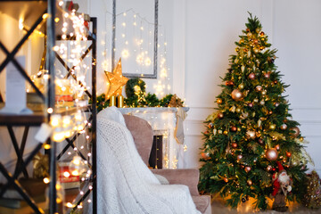 Christmas home room with Christmas tree and festive bokeh lighting. Christmas background.