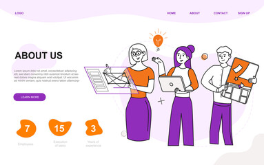 Young creative team of experts provides solutions for business. Corporate concept. Business template illustration. Will be a prefect as a landing page. Digital development. Outline Flat Vector