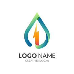 water energy logo. leaf and water drop, combination logo with 3d blue and orange color style