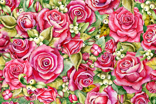 Floral pattern with roses and mistletoe berries. Seamless pattern for digital paper and fabric. Watercolor llustration on white background.