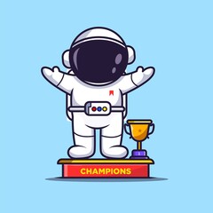 cute astronaut champion with trophy on the side, astronaut cartoon illustration.