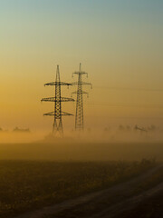 A foggy morning in an autumn field with a power line and a country road