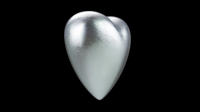 Realistic 360-degree seamless looping spin of the scratched silver heart rendered in UHD, alpha matte is included