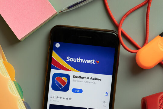 New York, USA - 27 September 2020: Southwest Airlines Mobile App Logo On Phone Screen Close Up, Illustrative Editorial