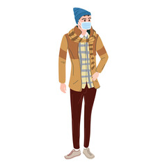 Young man student in modern autumn trendy clothes. In medical mask, individual protection from viruses, smog, vapor. Fashion casual outerwear street style character. Flat cartoon style vector isolated