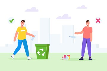 Littering behavior, wrong and correct examples of throwing out garbage. Vector illustration.