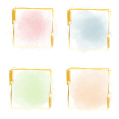 multicolor pastel watercolor splash with square golden frame and glitter for banner