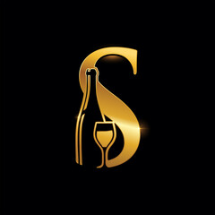 Golden Wine Bottle and Glass Monogram Letter S