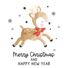 Christmas card with watercolor reindeer. Merry Christmas