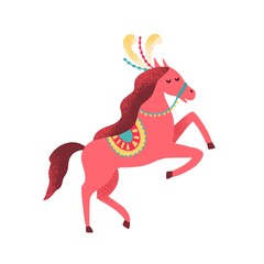 Cute circus horse decorated with feather and horsecloth. Childish shapito trained animal. Amusing cirque equine. Flat vector cartoon isolated illustration for t shirt print