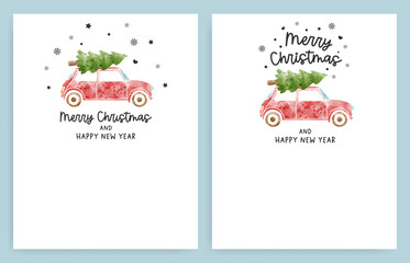Watercolor Christmas card with vintage truck and Christmas tree. 